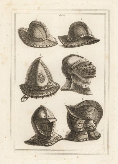French iron pot helmet 1,2, engraved steel cap from the 16th century 3, large bright helmet 4, open helmet 5, ornamented helmet with visor 6 作者 不明