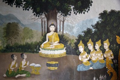壁画描绘了佛陀在清迈素贴寺 (Wat Phra Doi Suthep) 的生活场景。 接受布施的佛陀。 泰国 作者 不明