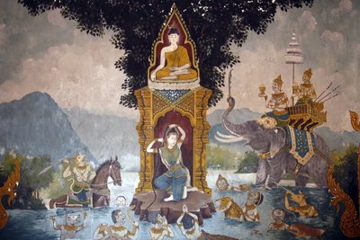壁畫描繪了佛陀在清邁素貼寺 (Wat Phra Doi Suthep) 的生活場景。 年輕的佛像王子。 泰欽 作者 不明