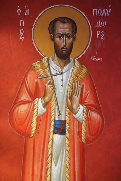 Fresco in Holy cross church, Pedoulas. Saint Polydor from Cyprus, 20150510, Pedoulas, Cyprus 作者 不明