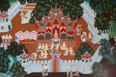 Fresco in Wat Ampharam, Hua Hin, Thailand. Temiya Jataka, also named Muga-Pakkha Jataka,one of the Buddha