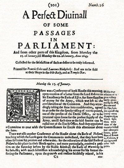 1643年，国会通过的某些段落的完美Diurnall的首页 作者 不明