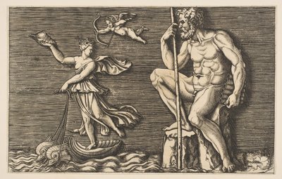 加拉太（Galatea）逃离了波利菲斯（Polyphemus），坐在一块岩石上，手里拿着杖和管子…… 1515-1600。 作者 不明