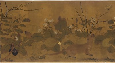 花园场景：瓜类、蛋类植物、花卉和两只黄鼠狼，1368-1644年。 作者 不明