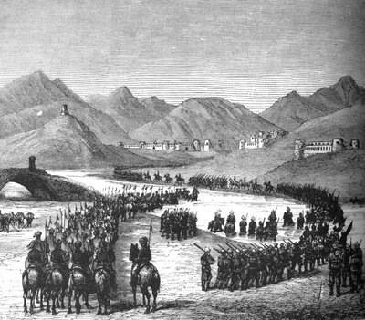 罗斯（Rosss）将军司令部穿过洛加尔河（Logar River）与唐纳德·斯图尔特爵士（Sir Donald Stewart）会合，约c1880 作者 不明
