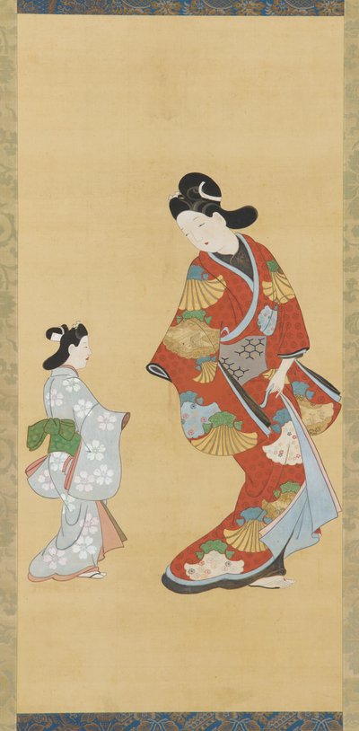 穿着大红色和金色衣服的女孩和一个孩子，1615-1868。 作者 不明