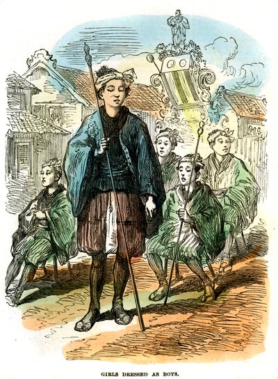 1872年，年轻的女孩打扮成男孩，在日本横滨的新年狂欢节游行 作者 不明