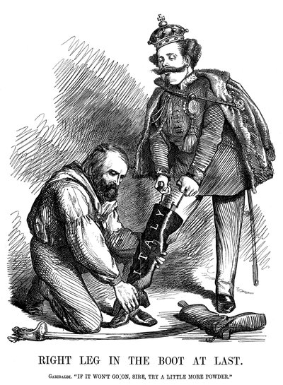 朱塞佩·加里波第（Giuseppe Garibaldi）帮助维克托·伊曼纽尔二世（Victor Emmanuel II）穿上意大利长靴，1860年 作者 不明