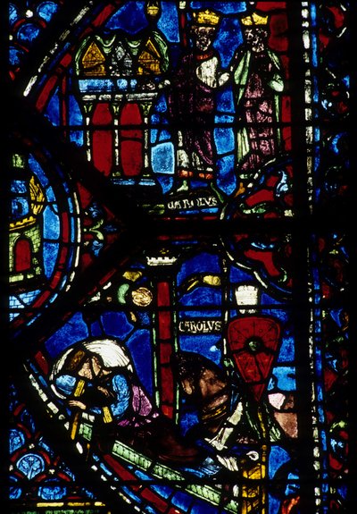 Gothic architecture. Histoire de Charlemagne (detail): Charlemagne (742-814) receives 3 hunts (high) and Vision of Constantine (I, emperor Byzantine). Stained glass of the northern ambulatory, absidial. Cathedrale de Chartres. 作者 不明