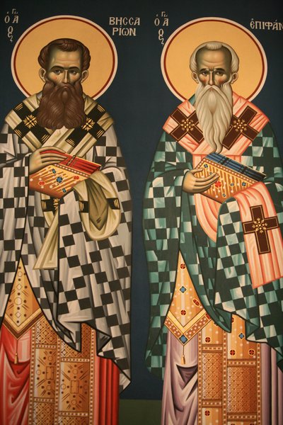Greek orthodox icon depicting Saint Vissarion and Saint Epiphanos Thessalonique Grece 作者 不明