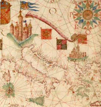HM 1549   路易斯·特谢拉，波多兰图表。 里斯本，约 1600 年卷轴上刻有“Por Luis Te[ixe]ira em Lix[bo]a”。 1867 年，亨利·史蒂文斯 (Henry Stevens，1791-1867) 出售给亨利·胡斯 (Henry Huth，1815-78)，胡斯图书馆 (1880)，pt。 4, 1171. 出售阿尔弗雷德·亨利·胡斯 (Alfred Henry Huth)（1850-1910 年） 作者 不明