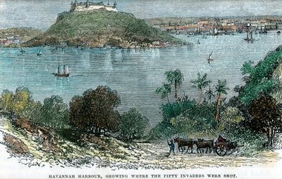 哈瓦那港（Havannah Harbour），展示了五十名侵略者被枪杀的地点，古巴，约1880年 作者 不明