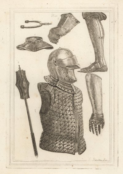 头盔和 brigandine 1, 铁护胫或腿甲 2, 属于冈特约翰的护手 3, 铁护手 4, 护甲 5, 铁钉锤 6, 古董铁刺刺 7 作者 不明