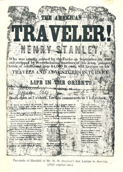 亨利·斯坦利（Henry M.Stanley），来自美国讲座的传单，31岁时在非洲发现了利文斯通博士 作者 不明