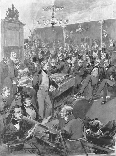 下议院，1846年：罗伯特·皮尔（Robert Peel）宣布他转换为自由贸易原则...，1901年。 作者 不明
