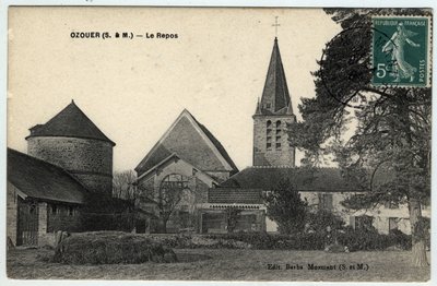 Ile de France, Seine et Marne (77), Ozouer le Repos (Ozouer-le-Repos): Saint Aubin (Saint-Aubin)教堂外景 - 明信片日期：1908年 作者 不明
