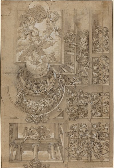 幻想的天花板，有一个葡萄架，在画廊上的人物，和一个中央......，约1570158 作者 不明