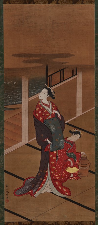 室内：江户时代，1615-1868年，一个Yujo和一个服务员在加热水。 作者 不明