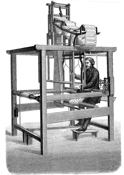 提花织机，带有成捆的打孔卡片，织出图案，1876年 作者 不明