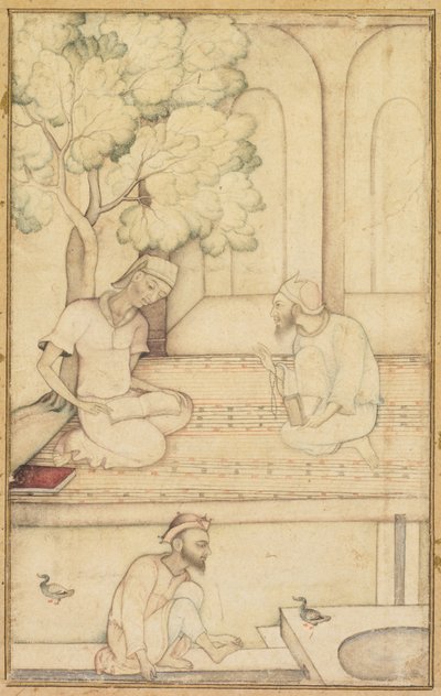 卡比尔和露台上的两个追随者，书法背面，c。 1610-1620。 作者 不明