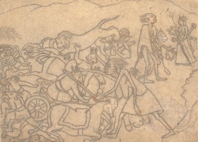Kali将Chanda和Munda的头颅献给Durga...Devi Mahatmya...，约1780年。 作者 不明