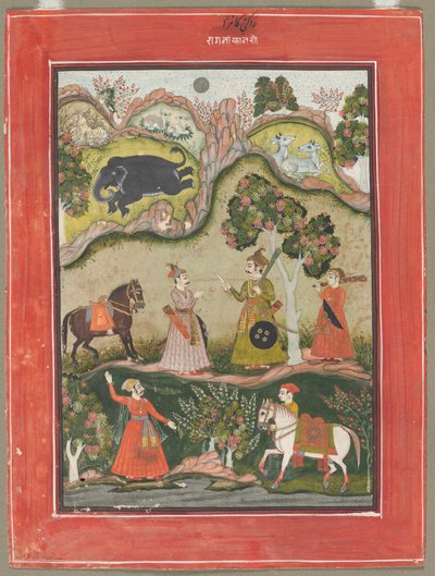 卡纳拉·拉吉尼（Kanhara Ragini）：克里希纳杀死大象恶魔的灵感之歌...，c。 1760。 作者 不明