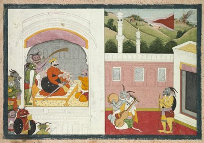巴纳国王从克里希纳·里拉（Krishna Lila）的Usha-Aniruddha区在法院欣赏音乐，c。 1760-17 作者 不明