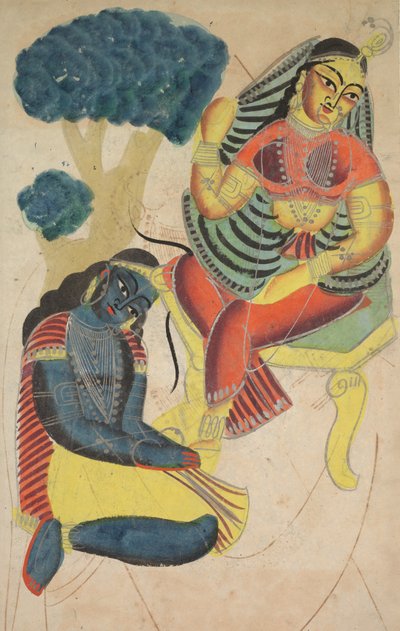 克里希纳抚摸着拉达斯的脚，1800年代。 作者 不明