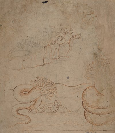 克里希纳在亚穆纳河中制服了蛇卡里亚......，约1780年。 作者 不明