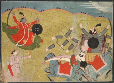 克里希纳（Krishna）征服瓦纳苏拉（Vanasura）：克里希纳（Kirishna Lila）的阿尼鲁达（Aniruddha Usha）节的场景，c。 1840年。 作者 不明