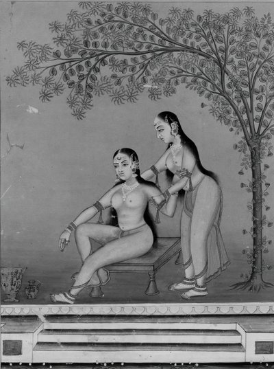 阳台上的女士和侍者在上厕所，约1800年。 作者 不明