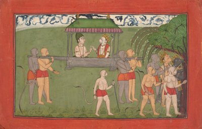 Lakshmana和Sugriva被Palanquin携带，接受拉马的祝福。 1710-25。 作者 不明
