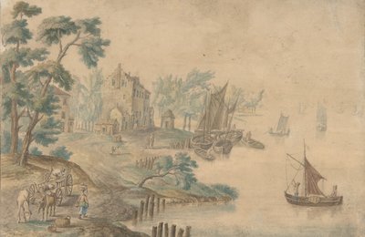有马和车的风景，右边是一条河，18世纪。 作者 不明