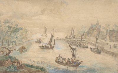 中央有河流的景观，有渡船，18世纪。 作者 不明