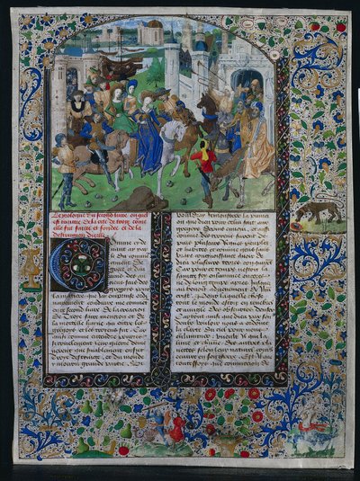 来自Courcys Chronique Universelle大学的Jehan的Leaf：Priam国王遇见Helen和巴黎...，c。 1470。 作者 不明