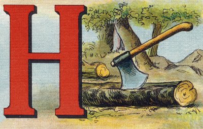 字母 H：斧头。 雕刻“Alphabet de ma petite fille”。 Bernardin-Bechet 和 Fils，书商出版商，巴黎，约 1895 年。坚不可摧的画布专辑。 贝贝斯图书馆。 12 页。 包含阅读方法和说明性初学者的专辑。 作者 不明