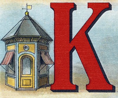 字母 K：售货亭。 雕刻“Alphabet de ma petite fille”。 Bernardin-Bechet 和 Fils，书商出版商，巴黎，约 1895 年。坚不可摧的画布专辑。 贝贝斯图书馆。 12 页。 包含阅读方法和说明性初学者的专辑 作者 不明