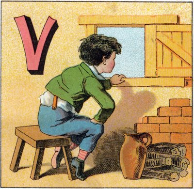 作为vasistas的字母V。好奇的孩子看着窗外。雕刻在 "Alphabet des petits ecoliers "中。埃皮纳尔的图像，约1885年。Privee收藏 作者 不明