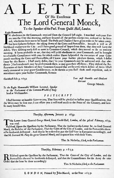 蒙克将军给下议院议长的信，1659年，1903年 作者 不明