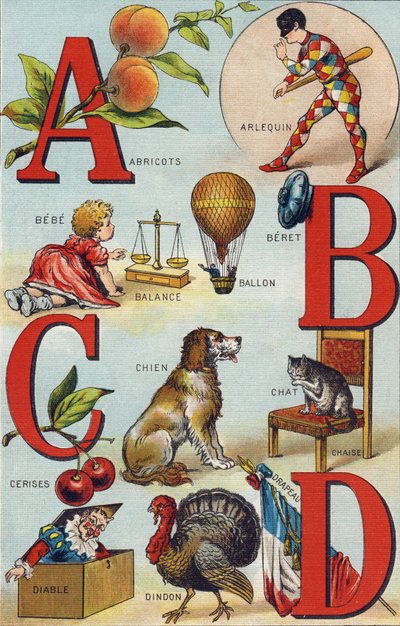 字母 A B C D; 杏; 丑角； 平衡; 气球; 贝贝; 樱桃; 猫椅； 狗; 毯子; 魔鬼; 火鸡; 旗帜。 雕刻“Alphabet de ma petite fille”。 Bernardin-Bechet 和 Fils，书商-出版商，巴黎，约 1895 年。坚不可摧的专辑在罐头上 作者 不明