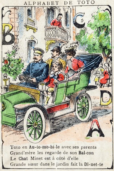 字母 A B C D 汽车阳台猫扇子。 19 世纪末的“Alphabet de Toto”雕刻。 Pont-a-Mousson 成像。 Louis Vagne，印刷出版商。 12 页。 广告画册，包含杰出的学识和简化的阅读方法。 暗淡： 作者 不明