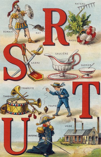 字母R S T U；Radish Rake；Roman；Saber；Sauciere Sugar；Trumpet drum；Top；Uniform； Factory。雕刻在 "Alphabet de ma petite fille "中。Bernardin-Bechet and Fils，书商-出版商，巴黎，1895年左右。画布上牢不可破的画册。巴黎图书馆 作者 不明