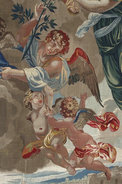 Life of the Virgin: “The Coronation of the Virgin”（圣母加冕） 天使细节 Pierre Damour 工作室制作的羊毛和丝绸挂毯，来自 Charles Poerson (1609-1667) 的图纸 作者 不明