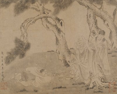 罗汉，侍者，松树下的崇拜者，元或明朝，1279-1644年。 作者 不明