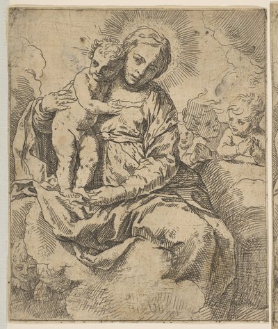 麦当娜（Madonna）和孩子（Child）坐在云上，被天使包围，反面抄写...，大约1639年或之后。 作者 不明