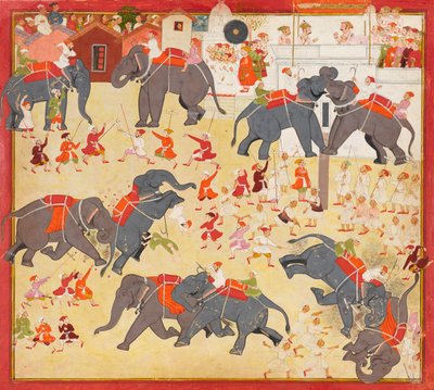 马哈拉纳-拉吉-辛格观察大象的战斗，约1670-1675年。 作者 不明