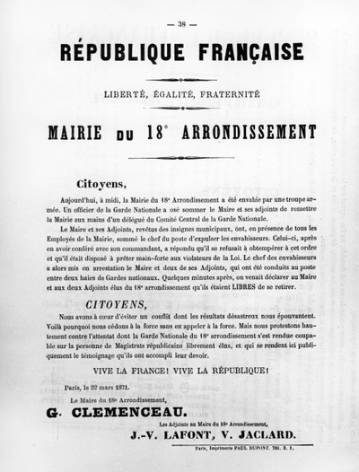 巴黎第18区的Mairie du，摘自1871年5月巴黎公社的法国政治海报 作者 不明