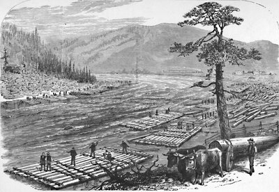 在萨斯奎哈纳河上编筏。 1883年伊利铁路线上的一幕 作者 不明