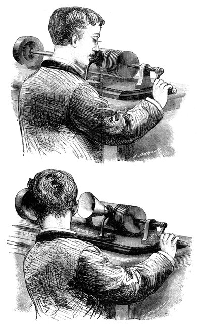 使用第一张爱迪生留声机进行录音并收听，1878年 作者 不明