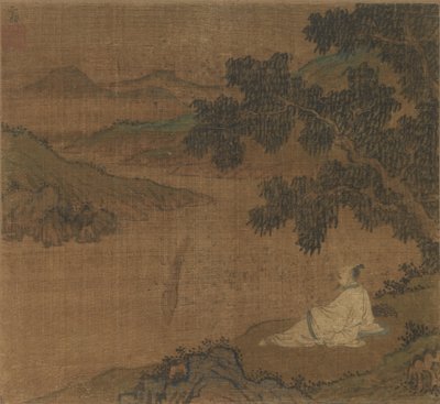 一个山坡的人在俯视河的树下，明朝。 作者 不明